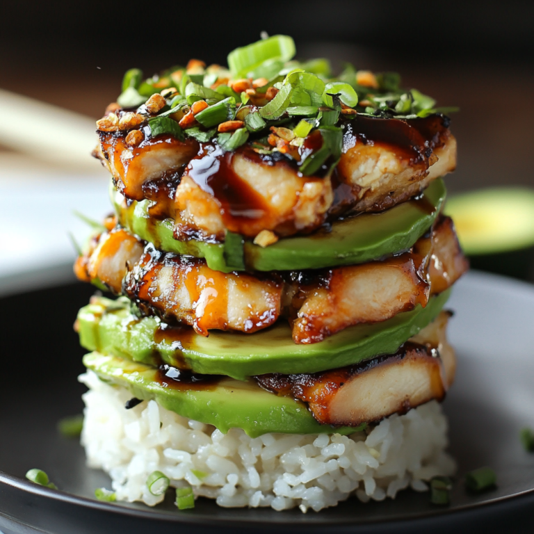 Teriyaki Chicken Avocado Rice Stack - skilledcooks