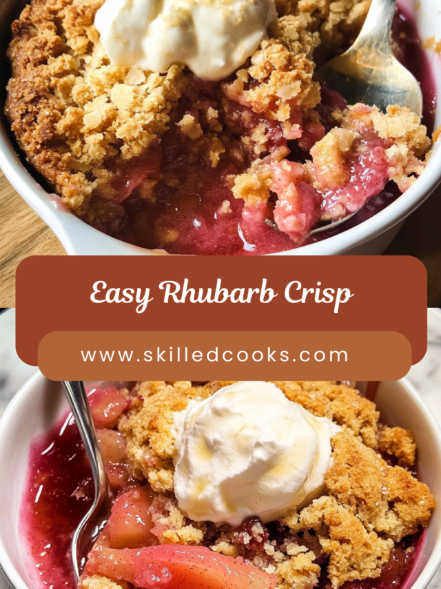 Close-up image of a golden-brown rhubarb crisp with a crunchy topping, served in a white bowl with a spoon, featuring vibrant pink rhubarb filling and a dollop of whipped cream on top.
