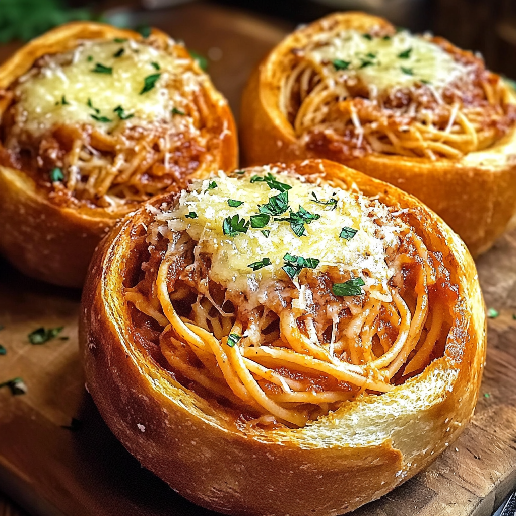 Spaghetti Garlic Bread Bowls – Easy Stuffed Pasta Recipe in Crusty Rolls