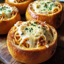Spaghetti Garlic Bread Bowls – Easy Stuffed Pasta Recipe in Crusty Rolls