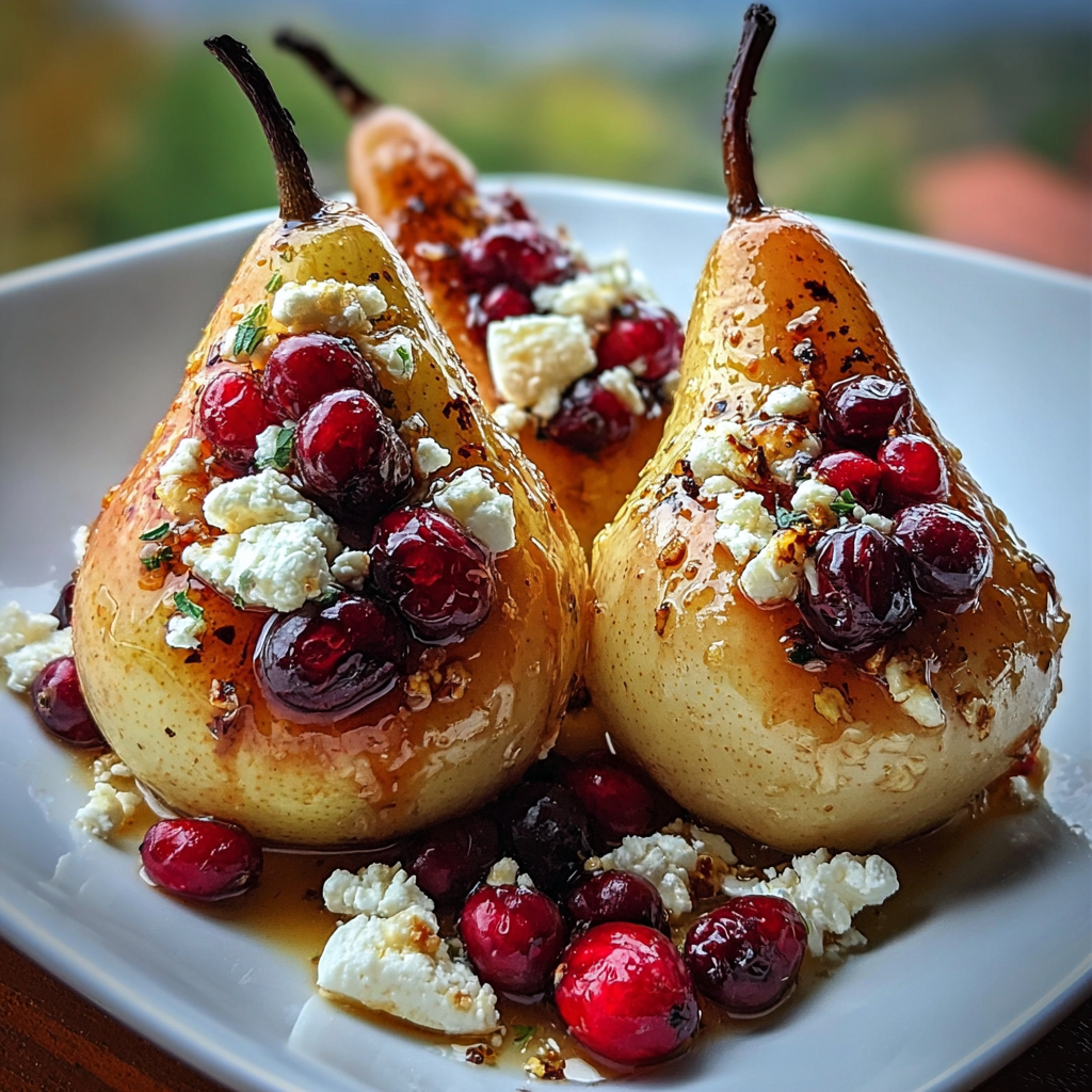 Baked Pears with Feta Honey and Cranberries