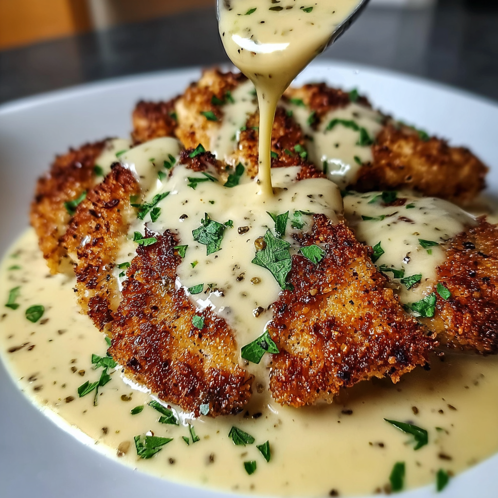Crispy Parmesan Chicken with Rich Garlic Sauce – Easy One-Pan Dinner