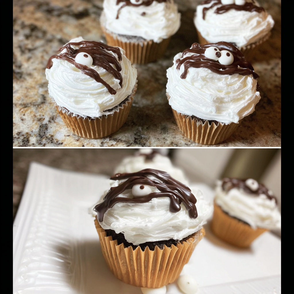 Mummy Cupcakes – Easy Halloween Recipe with Chocolate and White Frosting